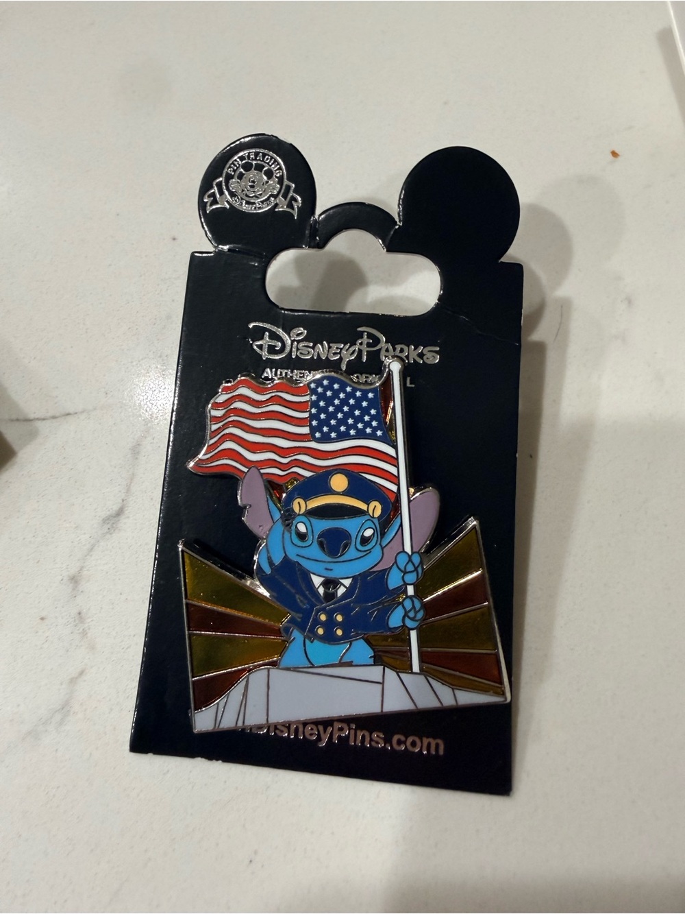 Disney Blue Stitch Holding American Flag Enamel Pin